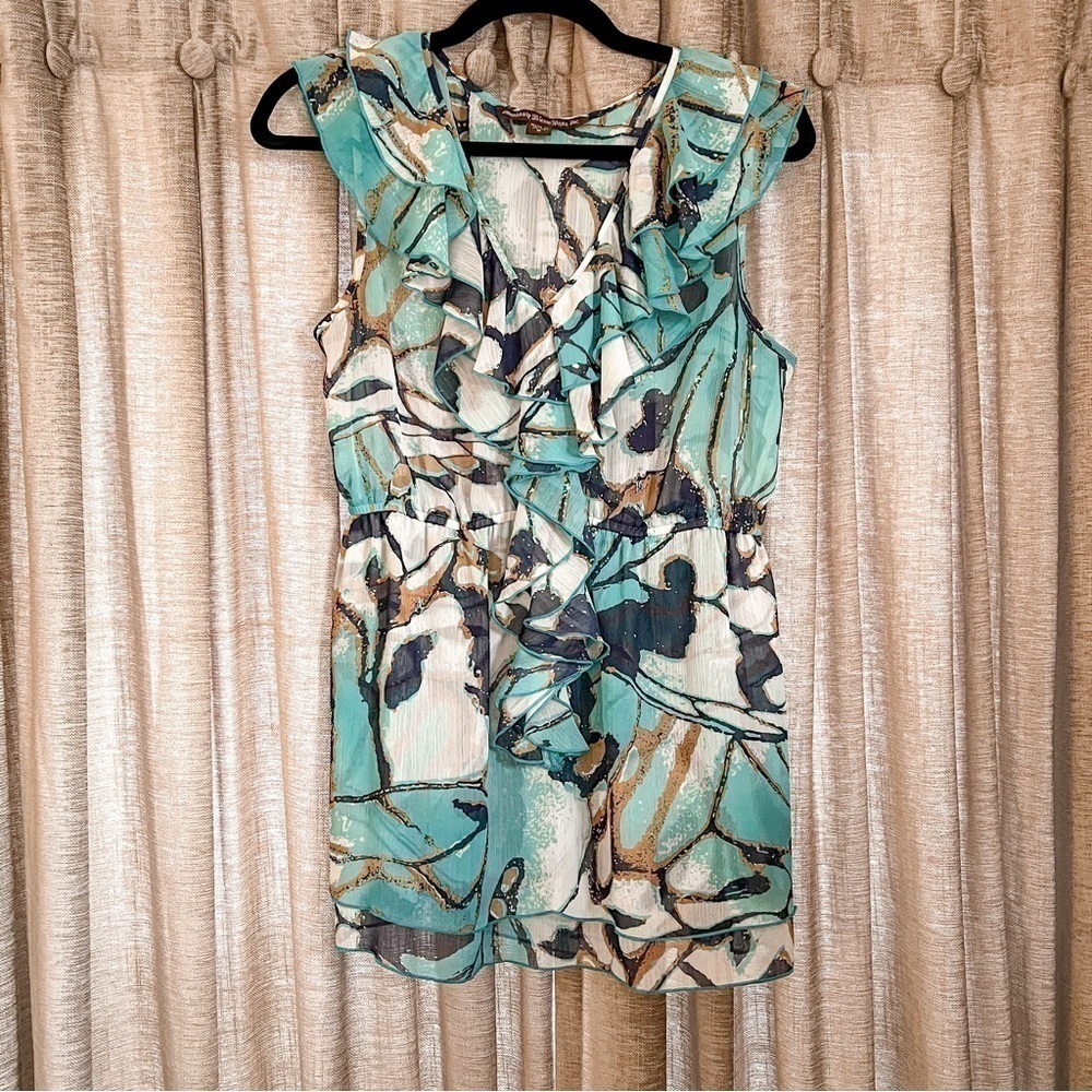 Mushka by Sienna Rose Inc Turquoise Abstract Pattern Ruffled Blouse Size Medium